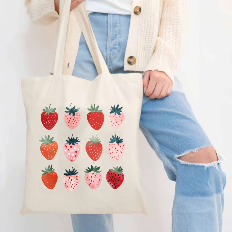 Sac fourre-tout en coton à motifs de fraises crémeuses pour un usage quotidien