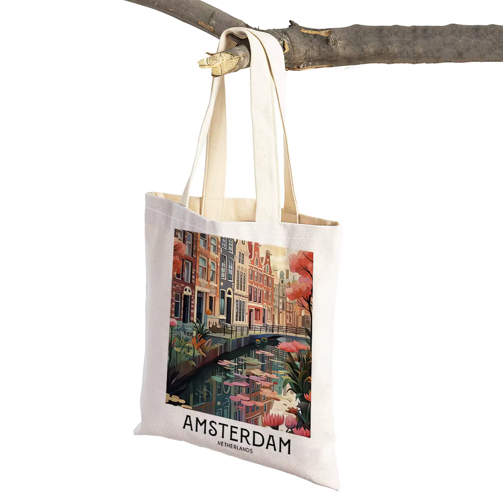 Sac de shopping Vintage paysage citron Prague Londres Santorin femmes sacs à provisions Double impression
