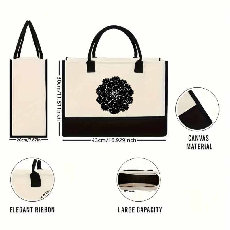 Sac fourre-tout en toile à motif floral crème et noir