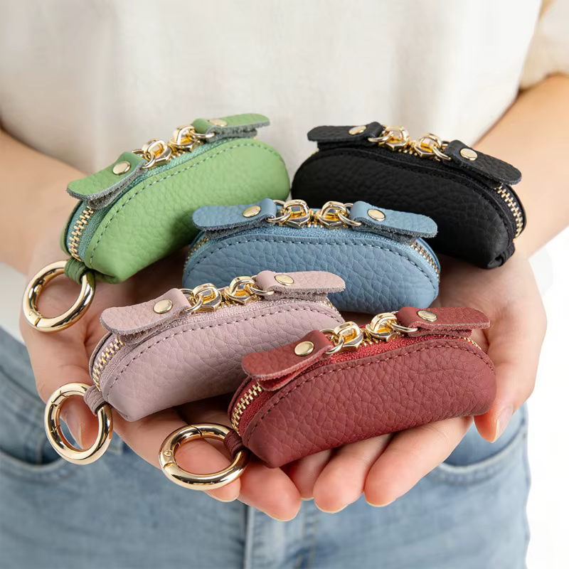 Mini porte-monnaie en cuir véritable avec fermeture éclair