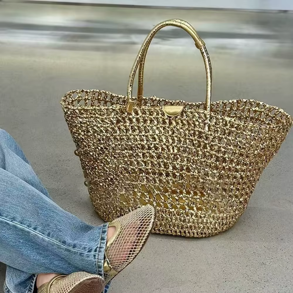 Sac fourre-tout ajouré tissé à la main couleur or
