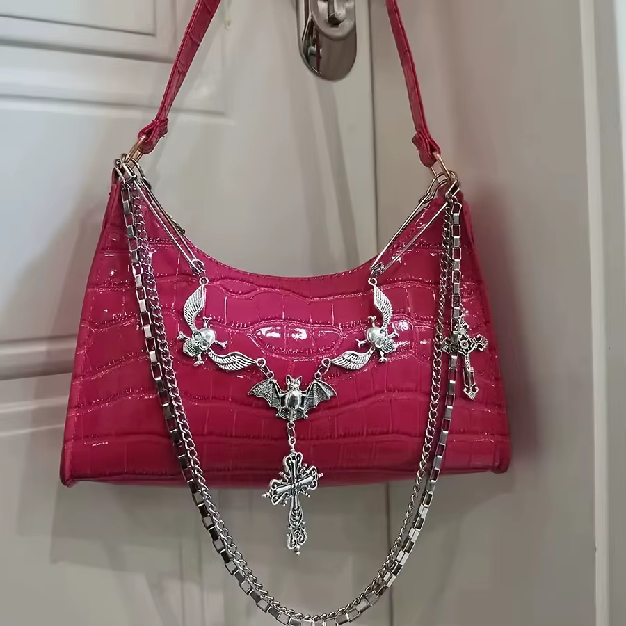 Sac à main gothique Y2K avec chaîne tête de mort et croix - Petit sac à bandoulière en similicuir style punk pour femme
