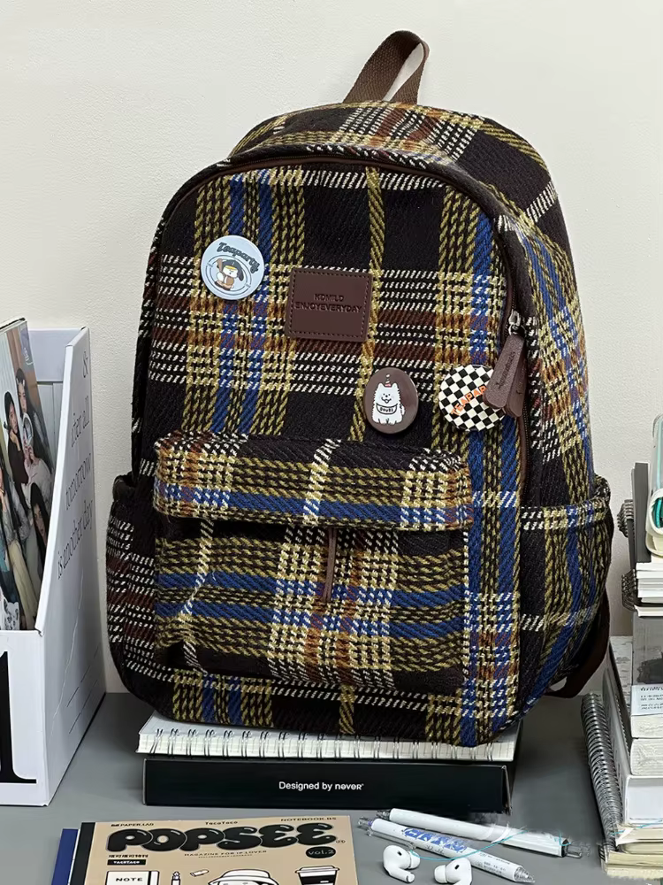 Sac à dos à carreaux vintage pour femmes, sac à dos grande capacité, mode douce, Ulzzang imprimés Girls, extérieur, décontracté, Bergame, automne, hiver