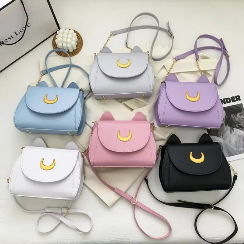 Été marin lune dames sac à main noir Luna chat forme chaîne sac à bandoulière en cuir PU femmes messager