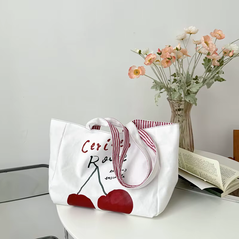 Sac à bandoulière en toile pour femmes, Design réversible, sac à main en tissu de coton, sac à main à rayures rouges cerise, grand fourre-tout, sacs de Shopping écologiques