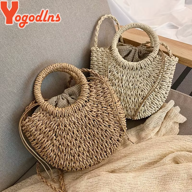 Yogodlns fait à la main demi-rond rotin tissé sac de paille été femmes messager sacs à bandoulière filles petit sac