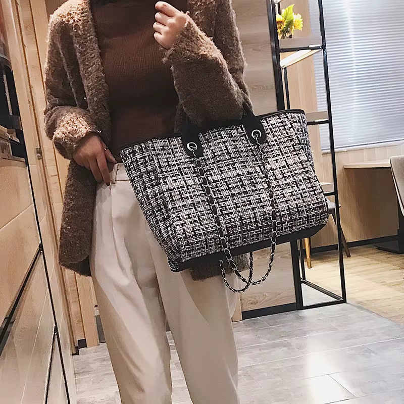 Nouveau Sac à Main Coréen pour Femme 2026 – Sac Seau Tendance à Carreaux Contrastants avec Chaîne
