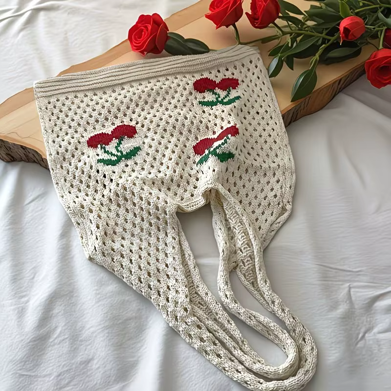 Sac à main en tricot ajouré motif cerise
