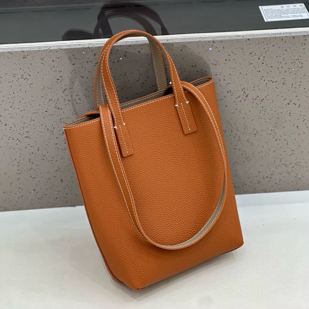 Sac Cuir Véritable Texture Lychee Main Tote Femme Peau Vache Couche Supérieure Doublure Contraste Couture Blanche Usage Quotidien Décontracté Élégant Moderne Minimaliste Mode Tendance 2025 Nouvelle Me
