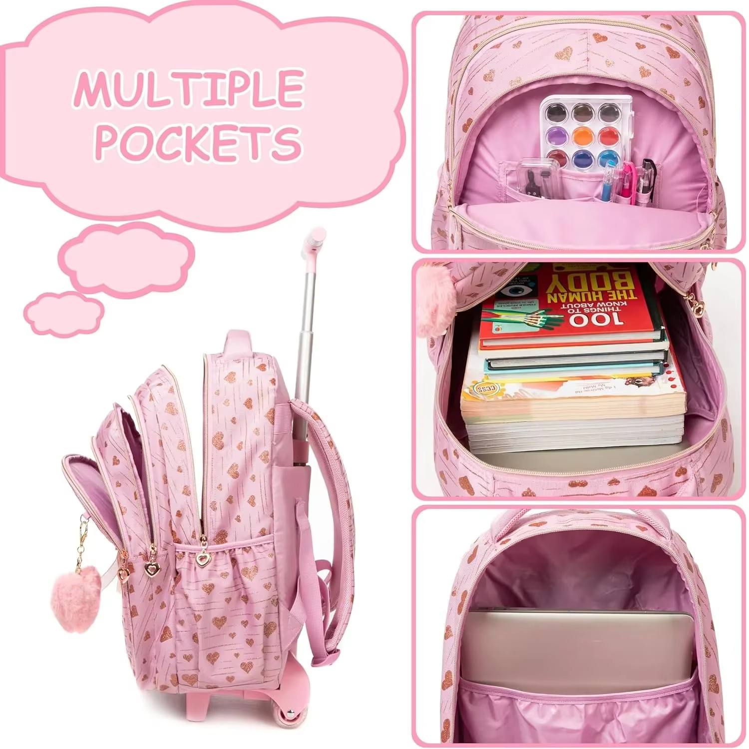 Sac à dos à roulettes avec ruban nœud papillon pour enfants