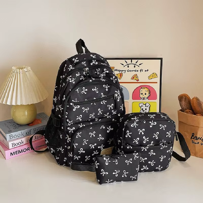 3 pièces/ensemble mignon fille grande capacité sac à dos nœud imprimé Nylon cartable sangle réglable femmes quotidien Campus sac à dos