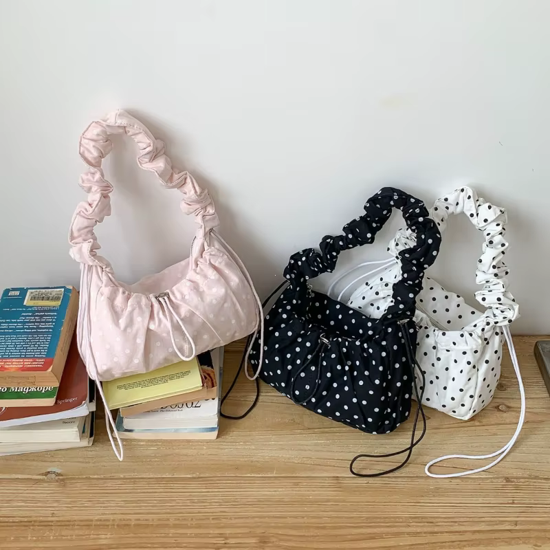 Sac bandoulière plissé rétro à pois grande capacité pour femme