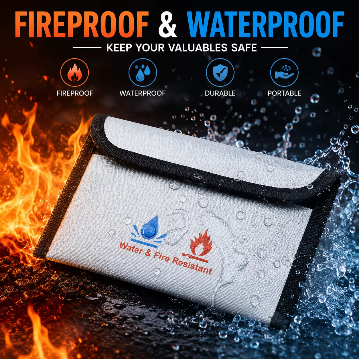 Sac à documents ignifuge et résistant à l'eau – Pochette de rangement compacte pour passeport