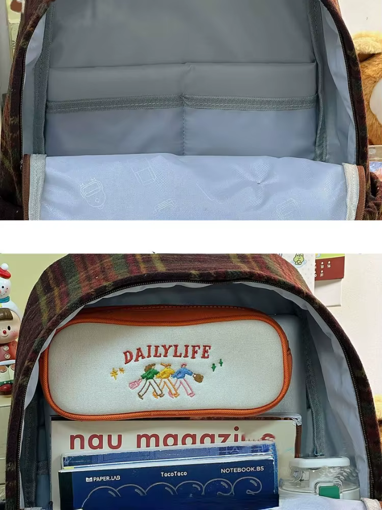 Sac à dos à carreaux vintage pour femmes, sac à dos grande capacité, mode douce, Ulzzang imprimés Girls, extérieur, décontracté, Bergame, automne, hiver