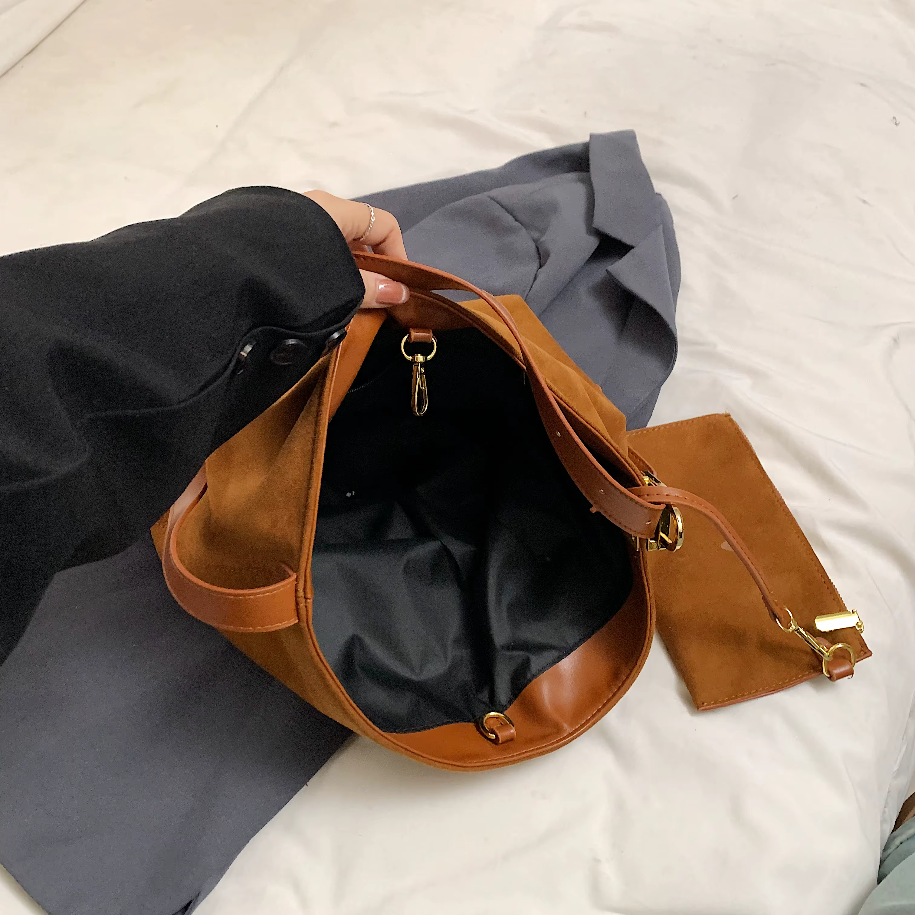 2 ensembles sac à bandoulière seau pour femmes haute capacité Vintage gommage en cuir sac de messager café marron