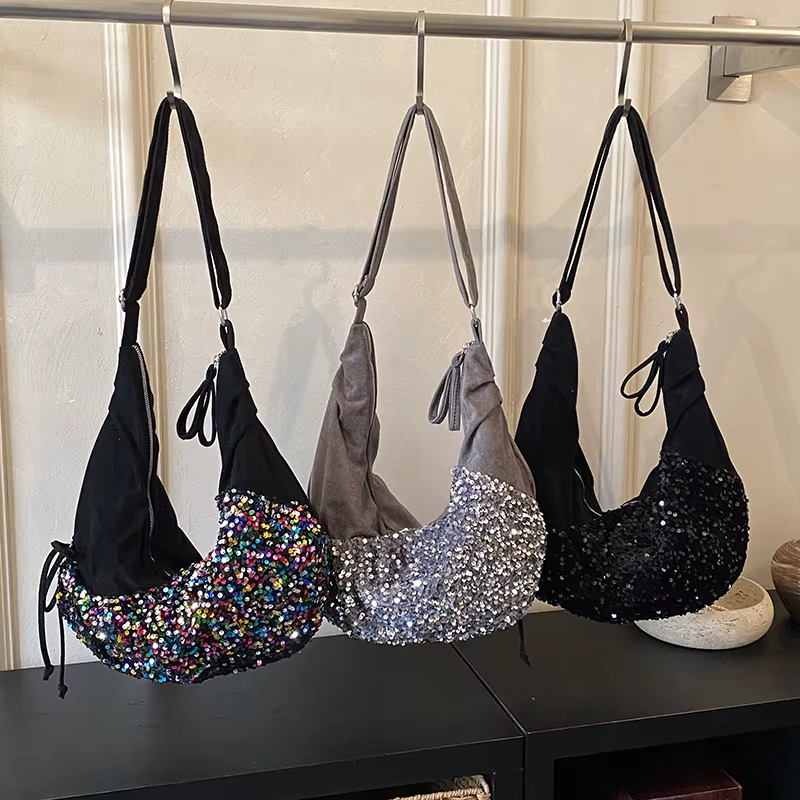 Sac à bandoulière à paillettes argentées pour femmes