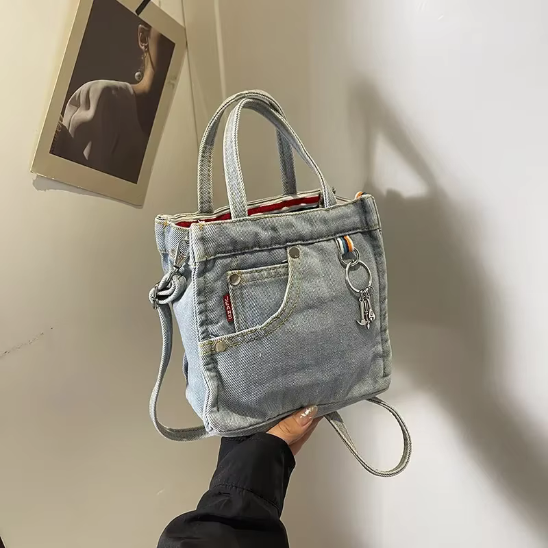 Sac à Main en Denim Délavé de Couleur Unie pour Femme
