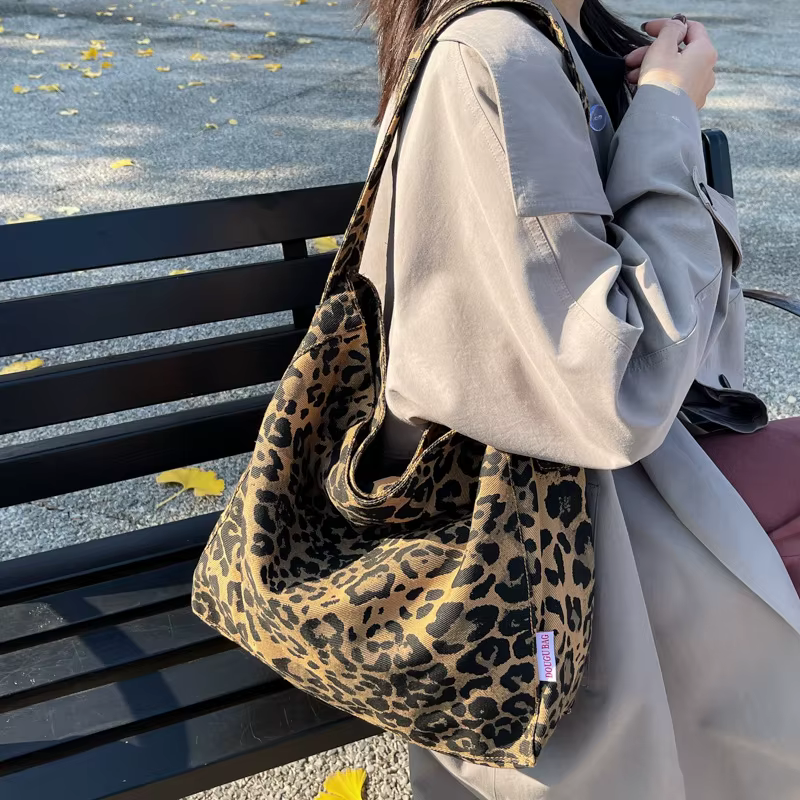 Sac à main en toile léopard vintage pour femmes 2025 Grand sac fourre-tout