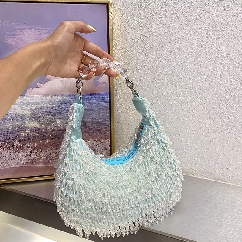 Été frais doux bleu clair à la main perlé frange Design élégant dame dîner sac Chic robe de soirée sac