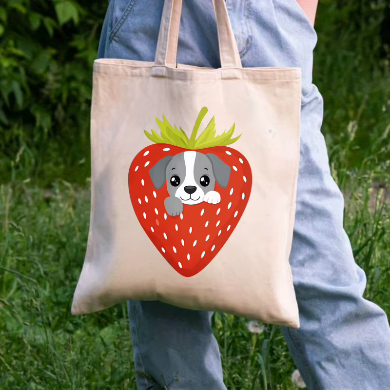 Sac fourre-tout en coton imprimé chien fraise blanc pour un usage quotidien