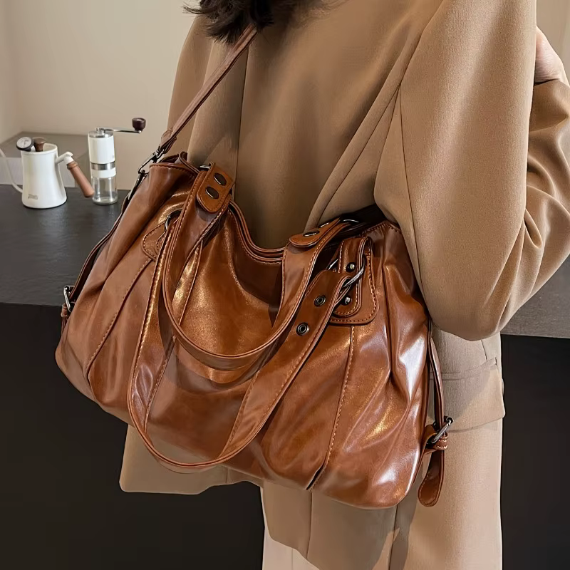 Sac à main en cuir vintage de grande capacité avec fermeture à glissière