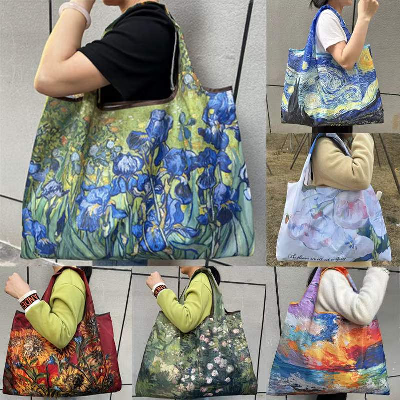 Sac de courses pliable avec peinture à l'huile de fleurs