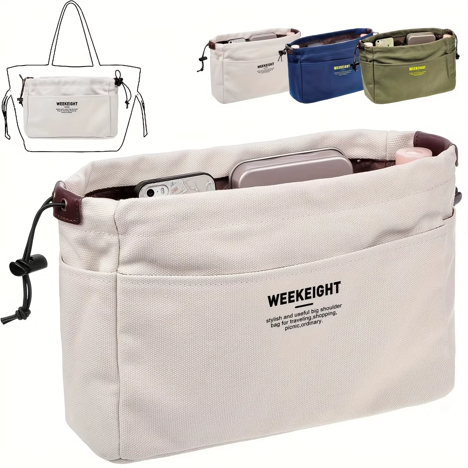 Sac à cordon en toile avec doublure intérieure multi-poches