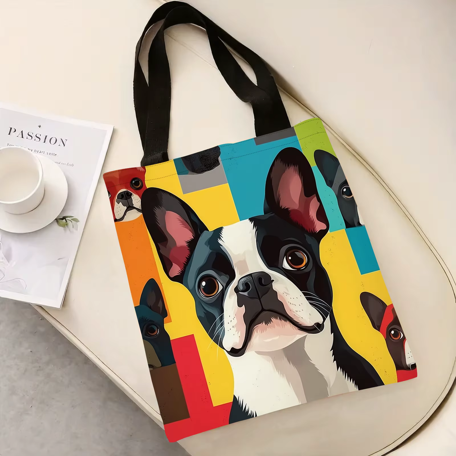 Sac fourre-tout réutilisable en polyester imprimé Boston Terrier