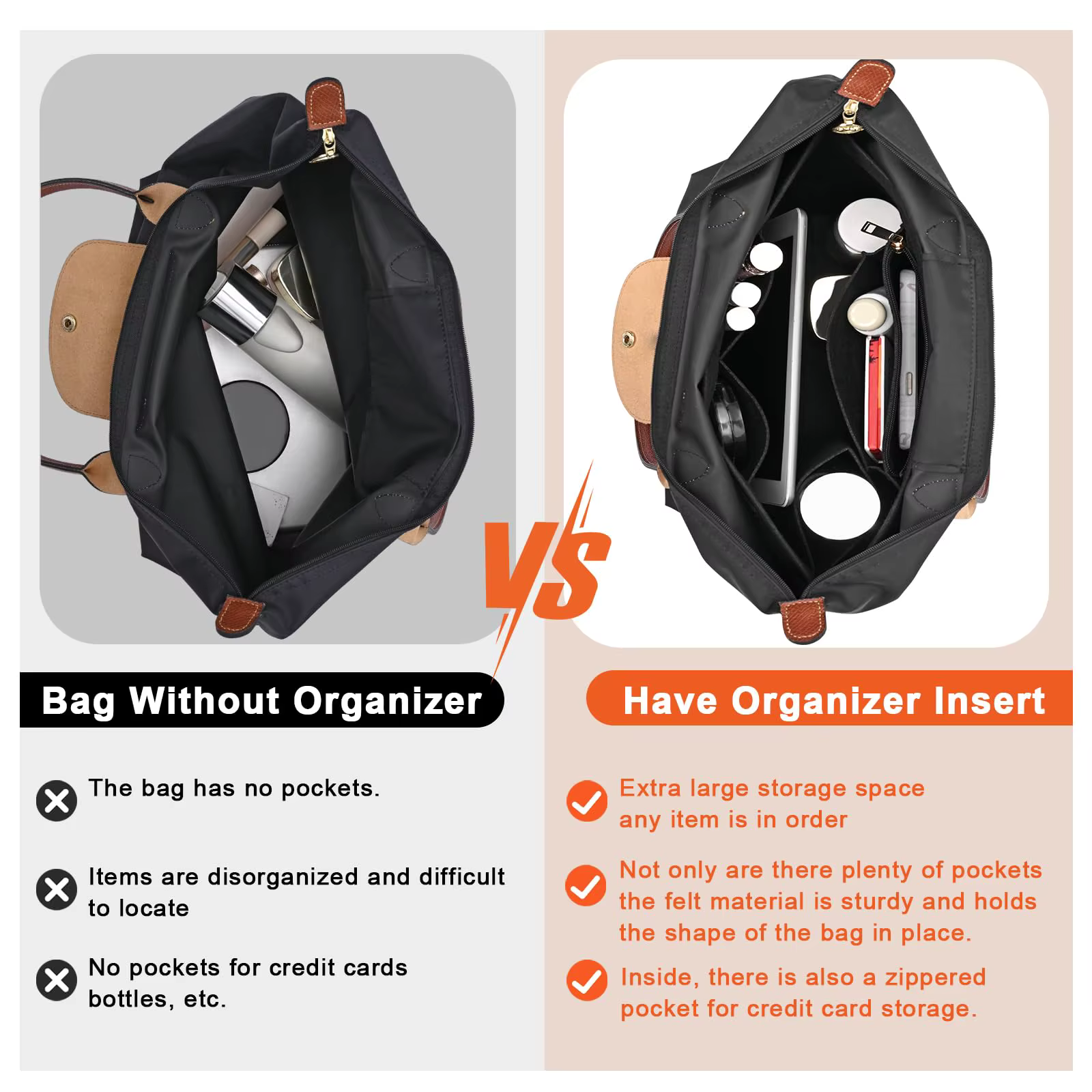 Insert organisateur de sac à main en feutre pour Longchamp Le Pliage L