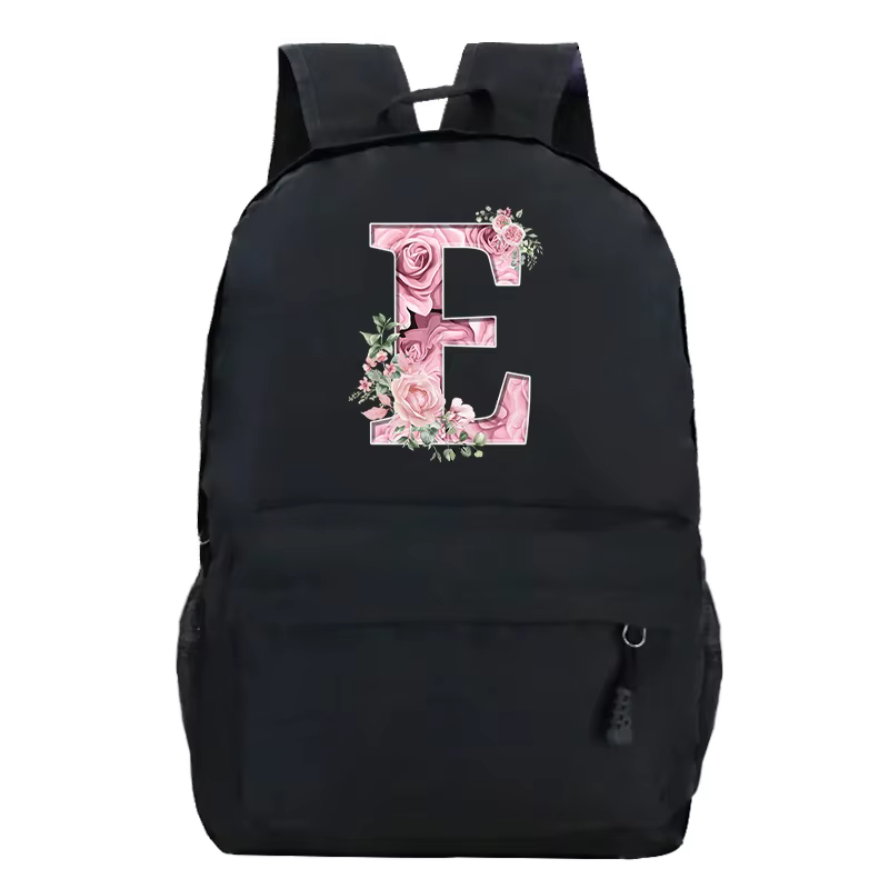 Rose Rose Alphabet sac à dos noir décontracté femmes esthétique sac à dos adolescente garçon fleur lettre sac d'école étudiant Mochilas