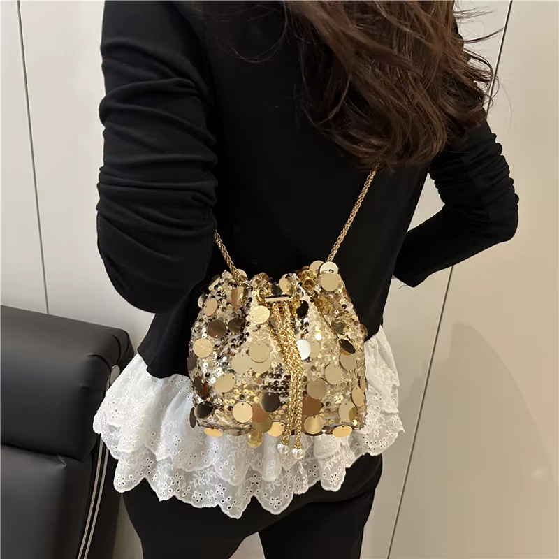 Chaîne à paillettes femmes Portable seau sacs à bandoulière rétro dames dîner pochette sac à main Design de luxe femme