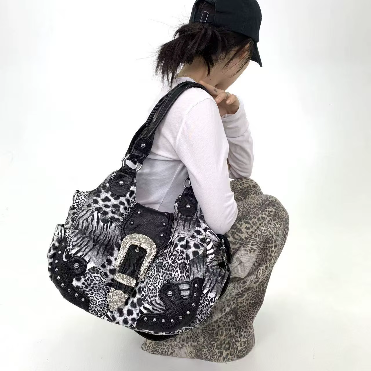 Y2K – sac fourre-tout en patchwork imprimé léopard pour fille épicée