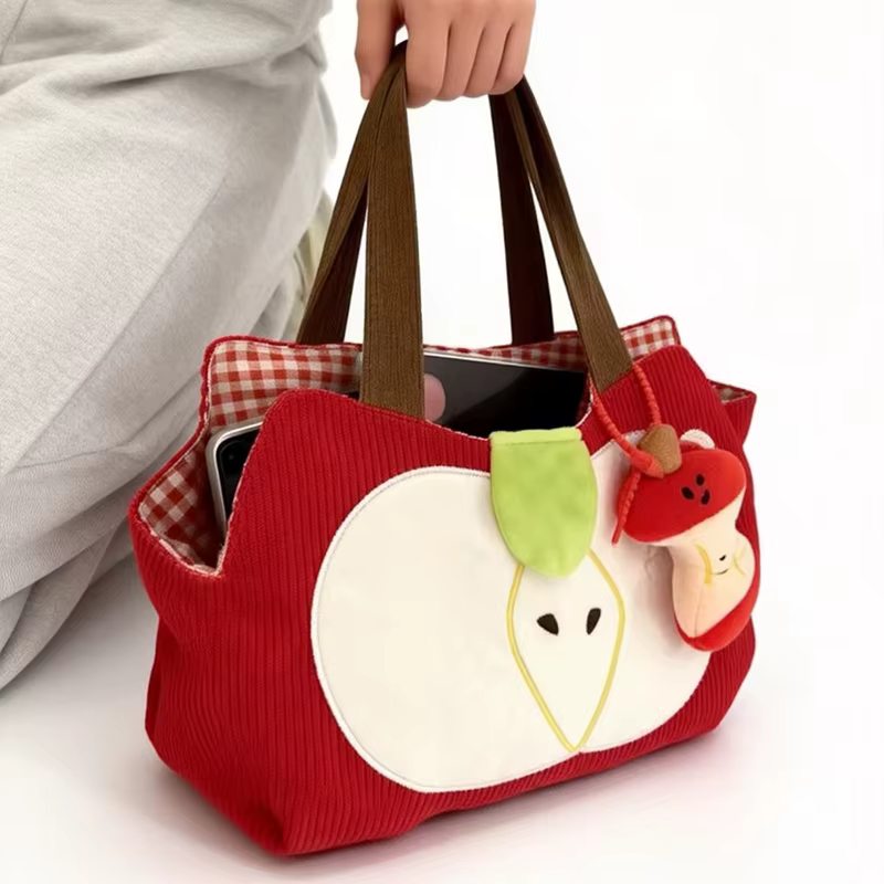 Sac à main pomme rouge créatif et mignon en velours côtelé