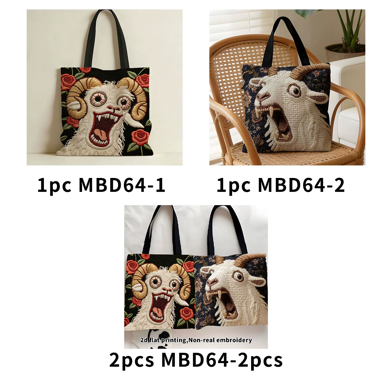 1/2 pièces 2d impression plate sac fourre-tout de chèvre brodé