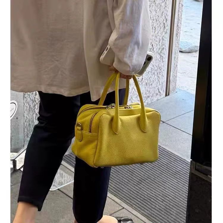 Sac bowling jaune grain litchi été 2026 – Sac à main élégant et polyvalent pour femme