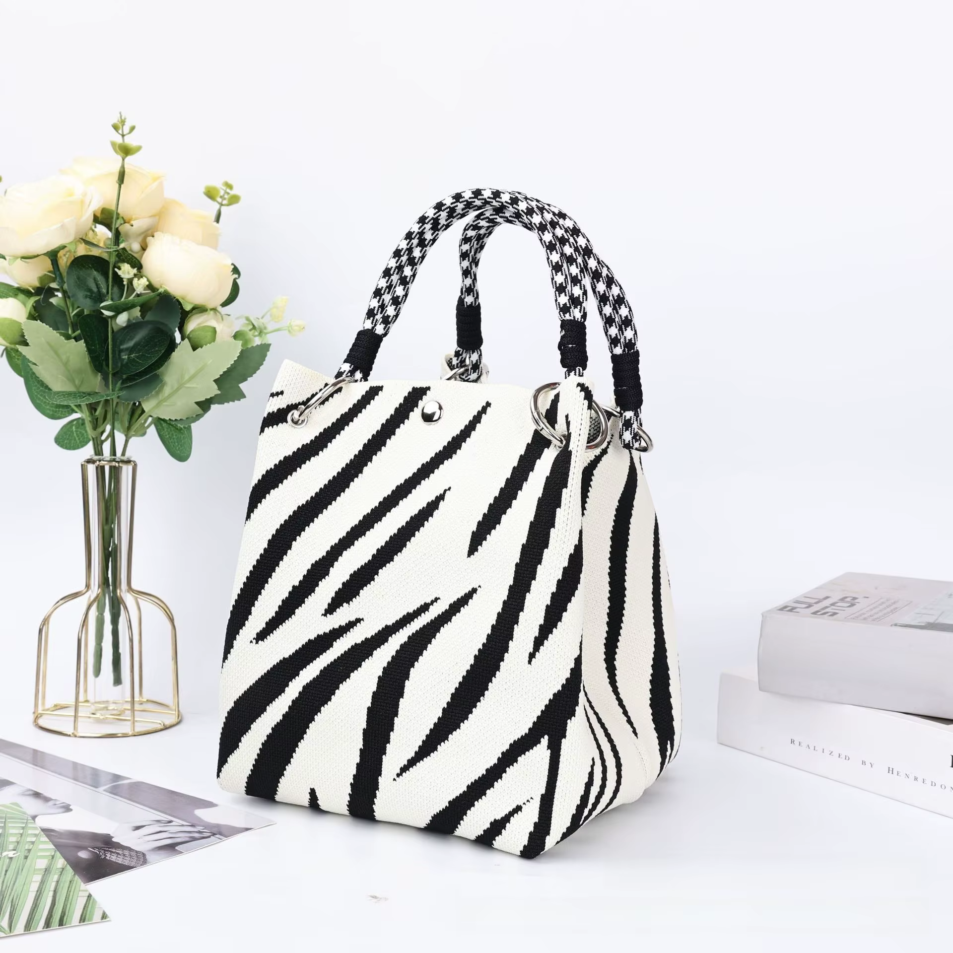 Style coréen tricoté corde noeud sac à main décontracté polyvalent petit sac en tissu sac de rangement femmes sac Macaron couleur broderie florale