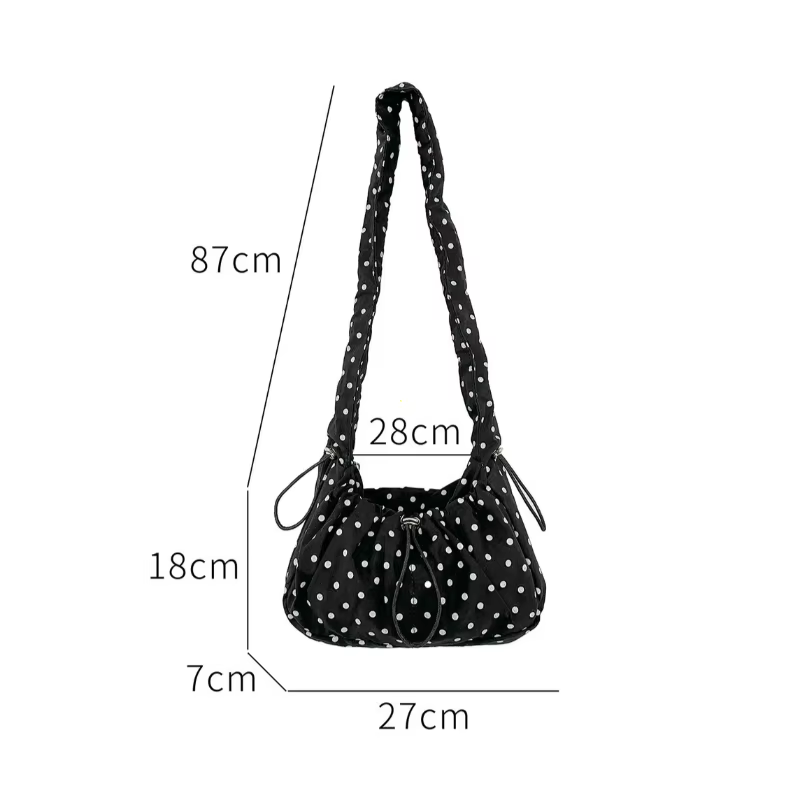 Sac bandoulière plissé rétro à pois grande capacité pour femme