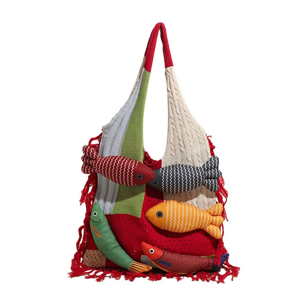 Sac à bandoulière d'été en coton Crochet, sac à main en tissage ajouré à la mode poisson, sac à main de grande capacité avec pompons, sac de plage, sac de Shopping