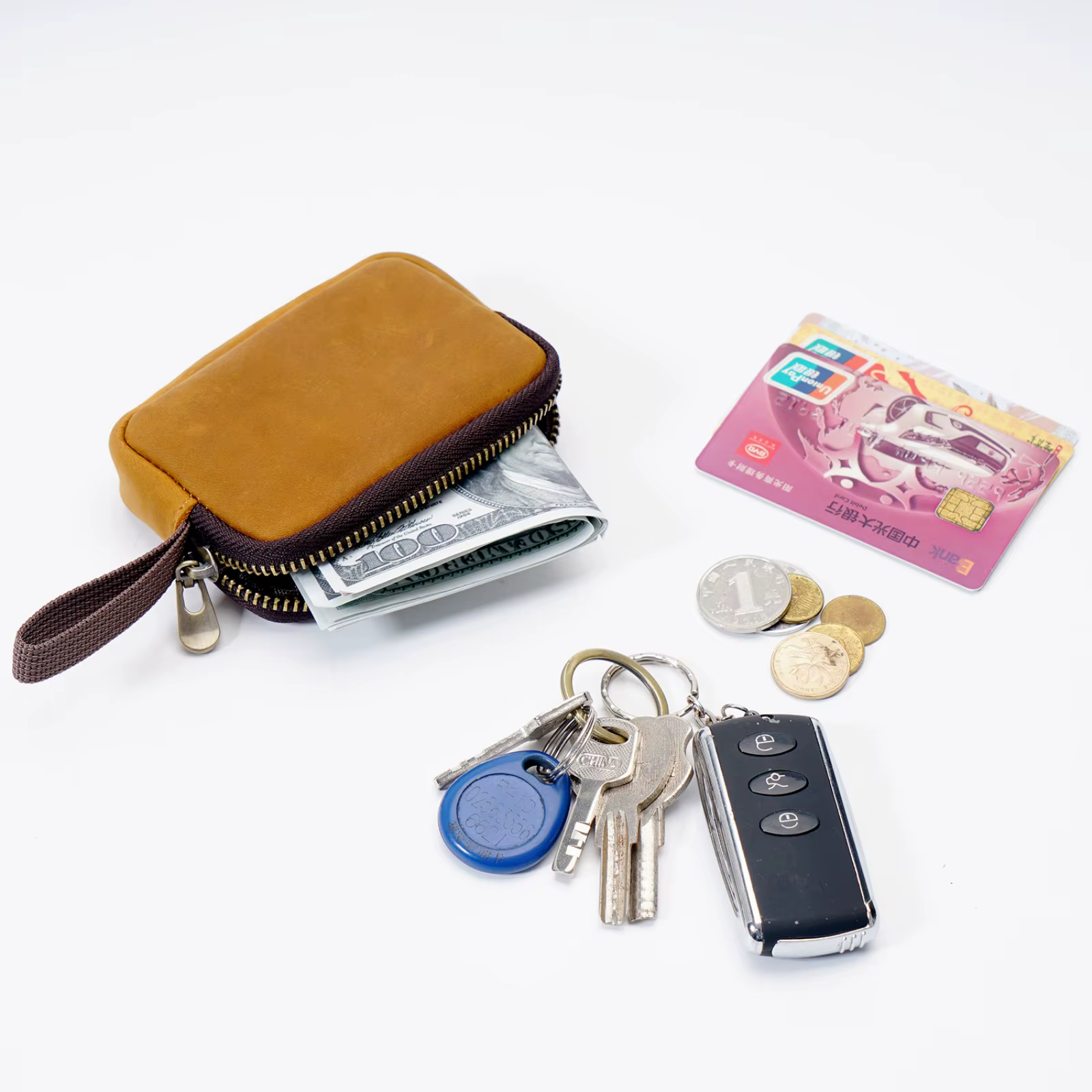 Porte-monnaie en cuir véritable avec porte-clés