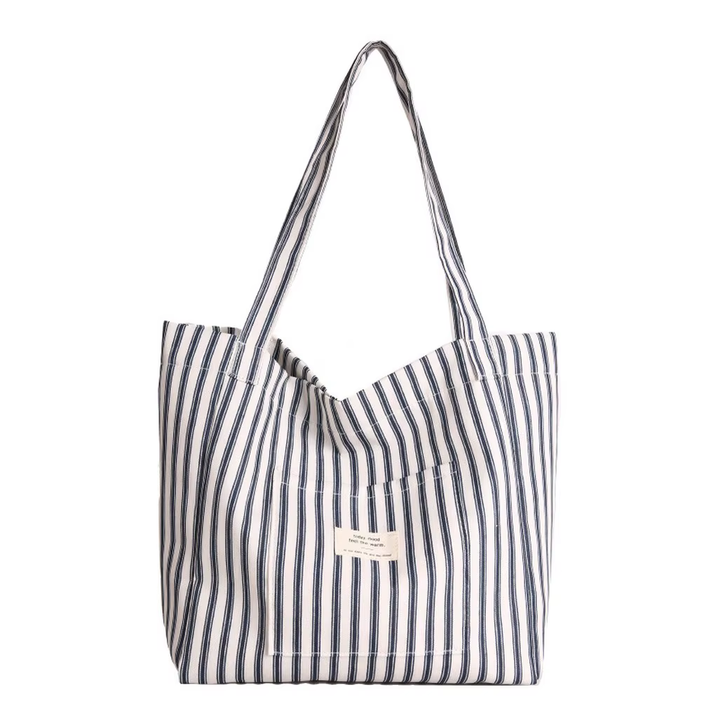 Sac fourre-tout en toile à rayures verticales, grande capacité, écologique, en coton, minimaliste, sac à bandoulière décontracté, pochette quotidienne en tissu