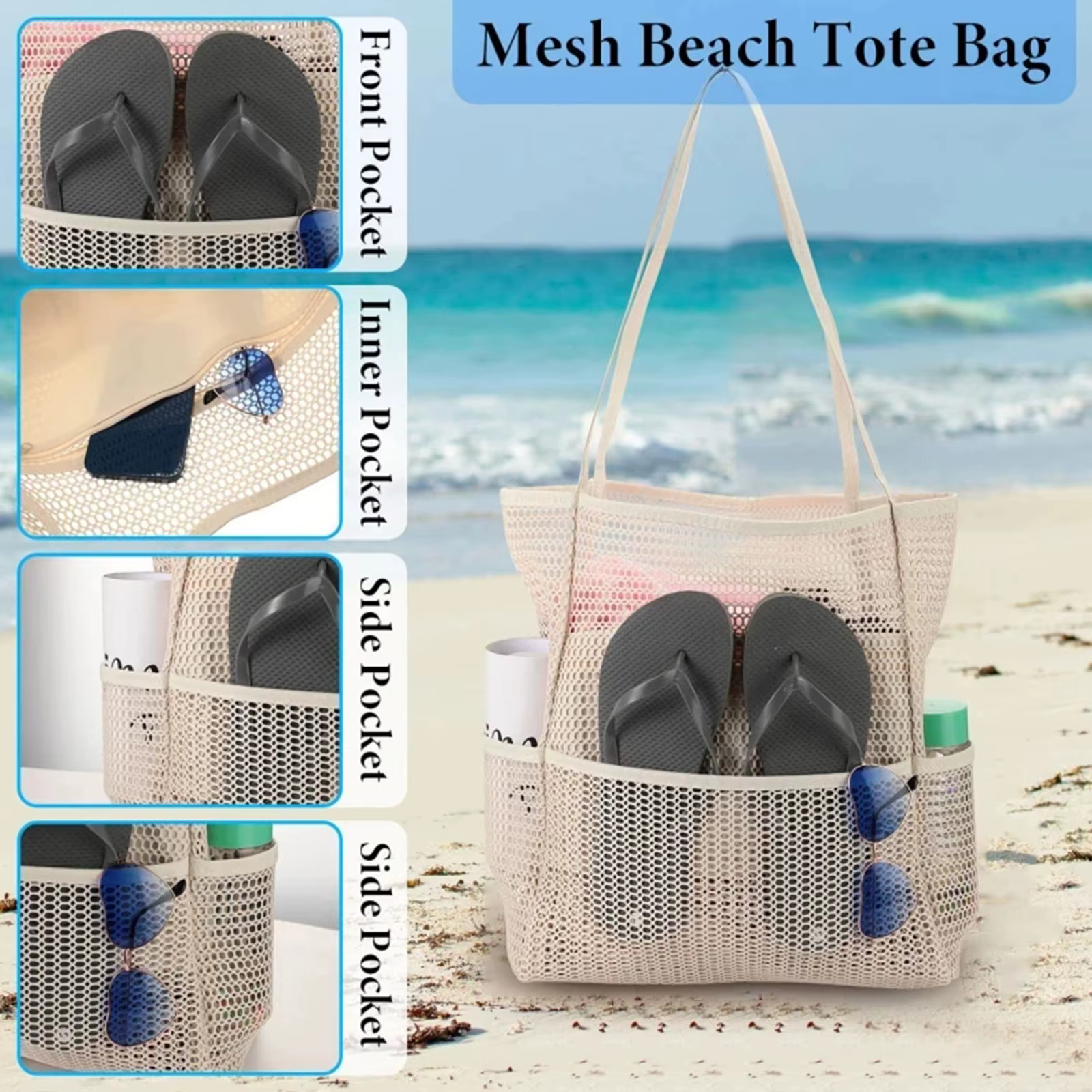 Grand sac de plage en maille pour femme