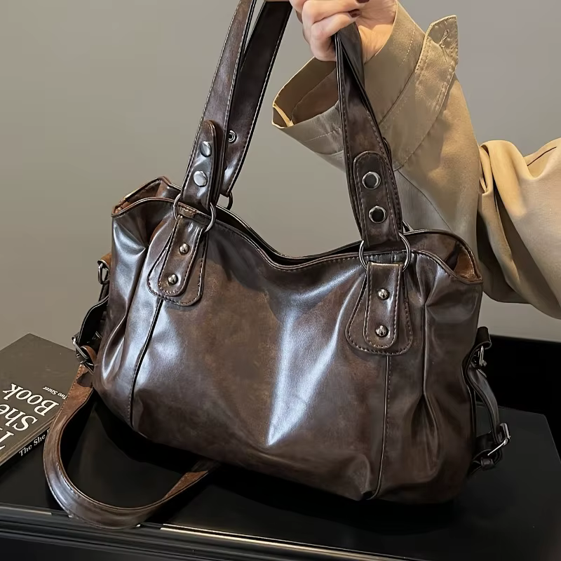 Sac à main en cuir vintage de grande capacité avec fermeture à glissière