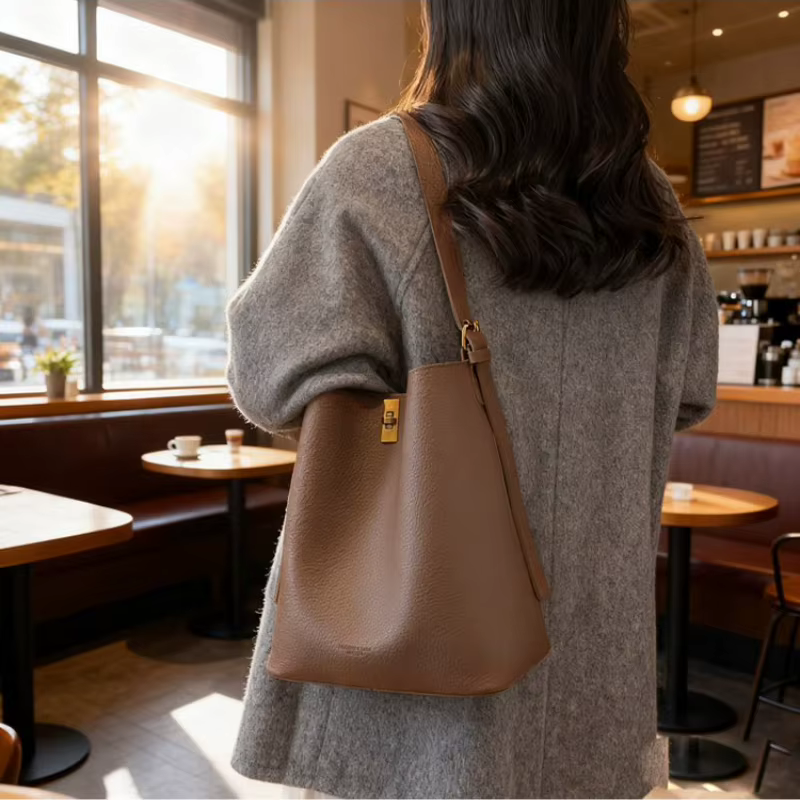 Sac seau minimaliste en similicuir camel