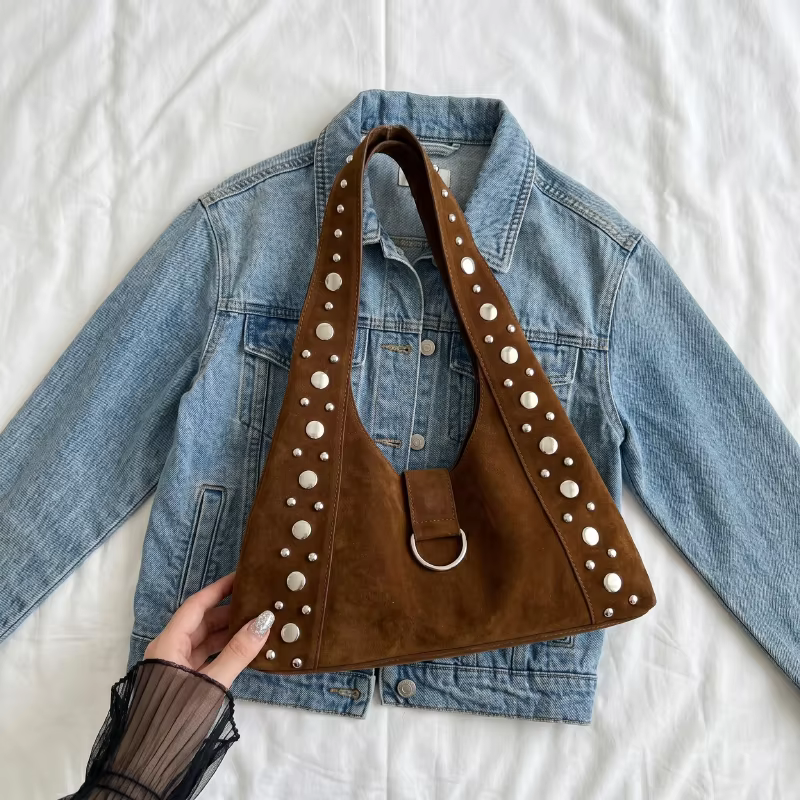 Sac à main vintage en cuir suédé pour femme, sac hobo tendance grande capacité, sac à bandoulière avec rivets, grand sac de shopping