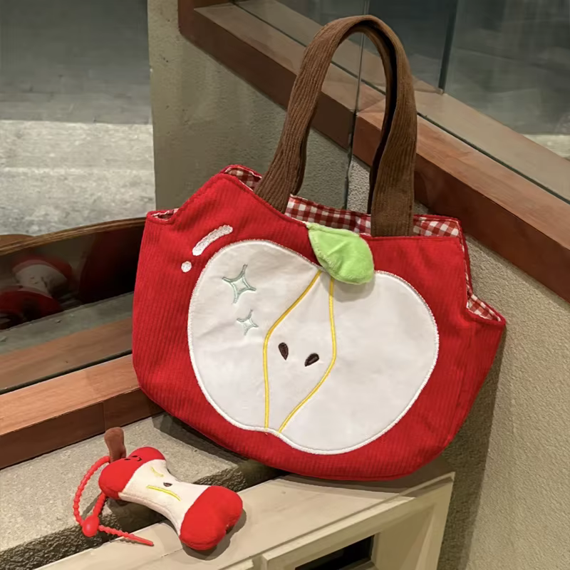Sac à main pomme rouge créatif et mignon en velours côtelé