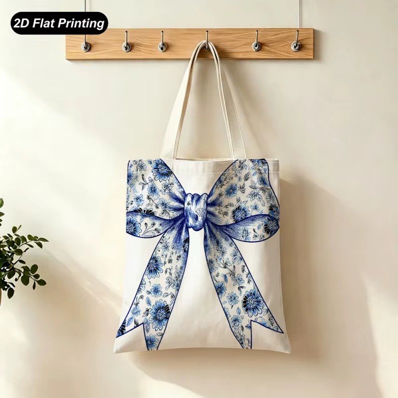 Sac fourre-tout de grande capacité à motifs floraux bleus et blancs avec nœud