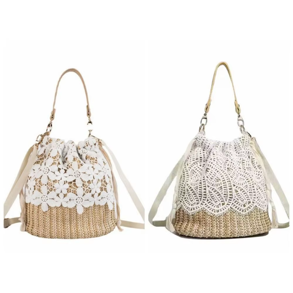 Sac à bandoulière en paille et dentelle