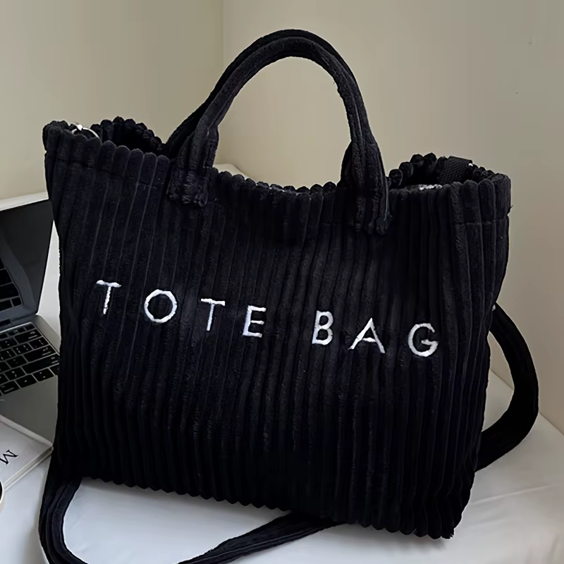 Sac à main en velours rayé de grande capacité, sac à bandoulière pour femmes, sacs à main, sacs à bandoulière, fourre-tout polyvalent en velours côtelé avec lettres