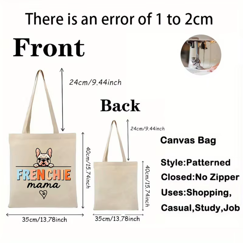 Sac fourre-tout en toile à motif de chien mère seau français de couleur crème