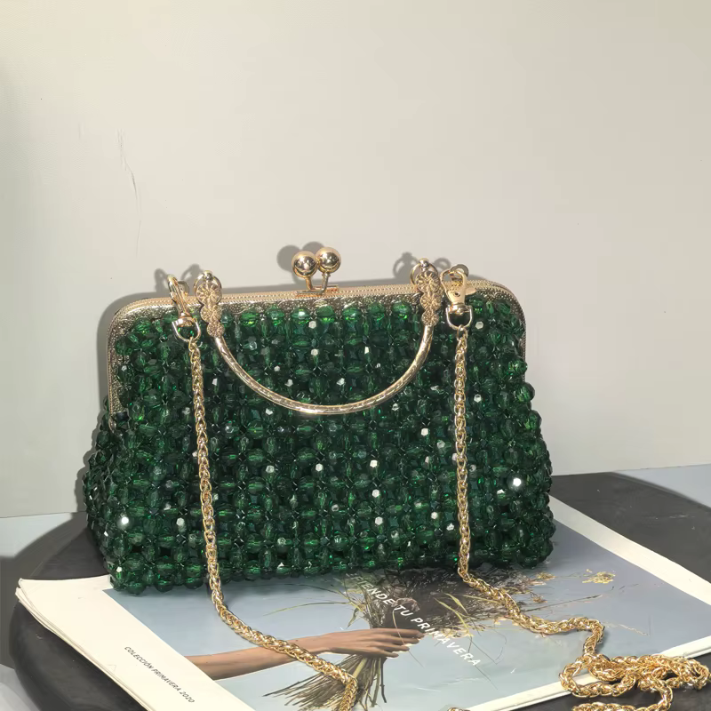 Pochette perlée faite à la main vert émeraude | Sac